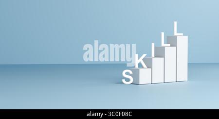 Skills spelled on white blocks arranged as ascending steps, set against a light blue background, symbolizing growth, learning, career development, up Stock Photo