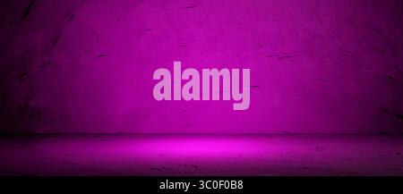 Wall and background with purple-pink gradient and rough concrete texture, spotlight in center creating moody studio space for product display or abstr Stock Photo