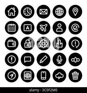 A collection of minimalistic icons designed in a clean and modern style. The icons cover various themes such as communication, travel, security. Stock Vector