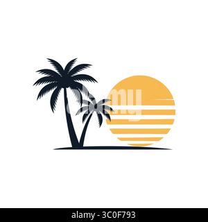 A beautiful graphic illustration of a tropical sunset featuring stylized palm trees in front of a vibrant sun with horizontal stripes. Stock Vector