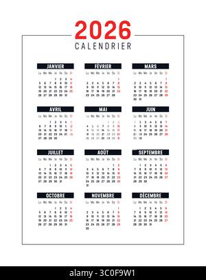 Year 2026 red black calendar in French on white background, vertical vector template France Stock Vector