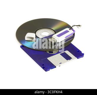 Cd rom dvd, floppy disk, and usb key isolated on white background Stock Photo