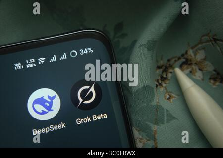 Dhaka, Bangladesh- 07 May 2025: DeepSeek and Grok Ai app icon is seen on smartphone Stock Photo
