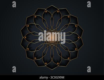 Gold Luxury Sacred Mandala template. Flower round design element isolated on black background. Circle pattern in golden color. Vector illustration Stock Vector
