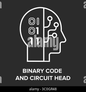 Binary Code and Circuit Head Icon in black and white background – AI Data Processing Intelligence, Vector Illustration Stock Vector