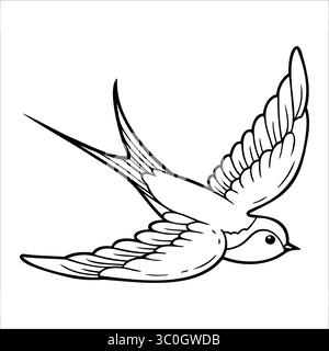 A detailed illustration of a flying swallow bird. The bird has long wings and a slender body, showcasing its graceful flight. The design is simple and Stock Vector