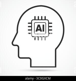 Human Head with Embedded Microchip icon with white background, Concept of AI Brain Integration and Smart Thinking System, Symbol, logo illustration. Stock Vector