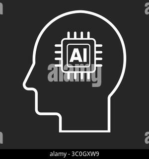 Human Head with Embedded Microchip icon in black and white background, Concept of AI Brain Integration and Smart Thinking System, Symbol, logo Stock Vector