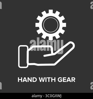 Hand with Gear icon in black and white background – AI-Powered Human-Machine Collaboration, Vector Illustration for web site, Presentations Mobile app Stock Vector