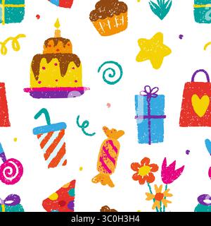 Birthday party crayon drawing elements. Seamless pattern with hand drawn gifts, cake, flowers, candy. Print template for decor fabric, vector Stock Vector