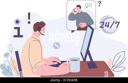 Administrator or call center worker. Young man with headphone consulting guy. Service line, hotline and support, online helping vector concept Stock Vector