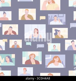 Online meeting. People talking on video call, seamless pattern. Different workers, office employees. Family communication, vector background Stock Vector