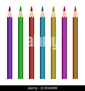 Colorful Set of Vertical Pencils in a Row Vector Illustration. A 7 vertical colored pencils, each pencil consisting of three vertical segments. Stock Vector
