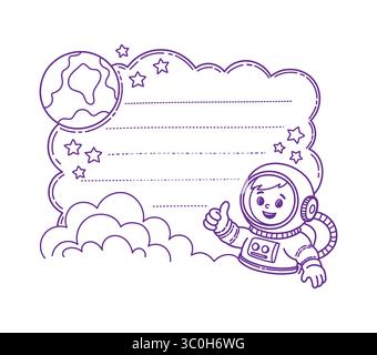 Galaxy space astronaut kids memo note frame. Child schedule outline vector coloring page, memo note template. Kids diary linear or planner checklist frame with boy astronaut in spacesuit, planet Earth Stock Vector
