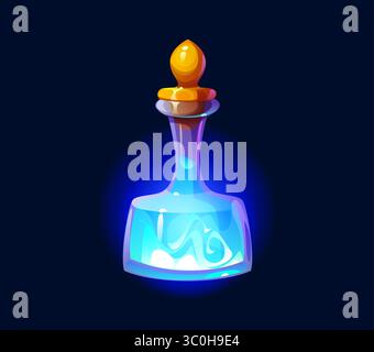 Mystical potion bottle filled with a glowing blue elixir. Cartoon vector wizard magic poison. Enchanting magical fantasy glass flask for wizardry and alchemy. Luminous liquid emits an aura of mystery Stock Vector