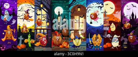 Cartoon Halloween scary nut and funny bean characters collage. Cute vegan food vector characters in Halloween holiday costumes of witch, ghost and wizard, devil and scarecrow with pumpkins and bats Stock Vector