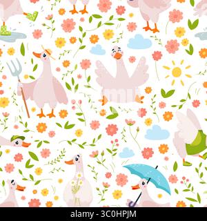 Cartoon geese seamless pattern. Floral template with funny goose. Flowers branches leaves, print for fabric, wallpaper, wrapping, vector background Stock Vector