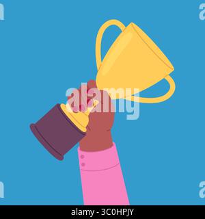 Afro american business woman hold golden cup. Female characters with golden trophy, winner in competition, project success, vector manager concept Stock Vector