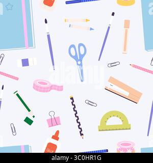 Cartoon stationery seamless pattern. School office items, notebook pencil highlighter scissors tape. Fabric wallpaper print, vector background Stock Vector