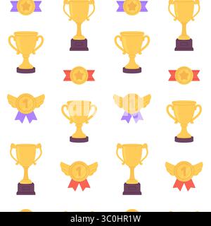 Gold trophy seamless pattern. Simple golden cups and medals, winner competition or awards. Decorative print for fabric, wrapping, wallpaper, racy Stock Vector