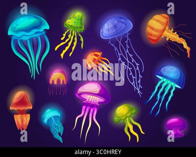 Glowing underwater jellyfish. Vibrant sea jellyfish, cartoon ocean creatures. Different water exotic animals jelly shapes with light effect, nowaday Stock Vector