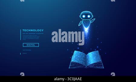 Abstract AI Robot or Education Agent Flies Over Opened Digital Book Stock Vector