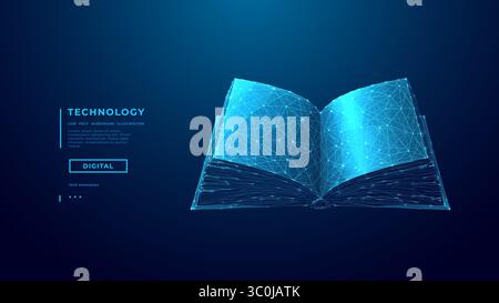 Abstract Digital Polygonal Opened Book on Technology Blue Background Stock Vector