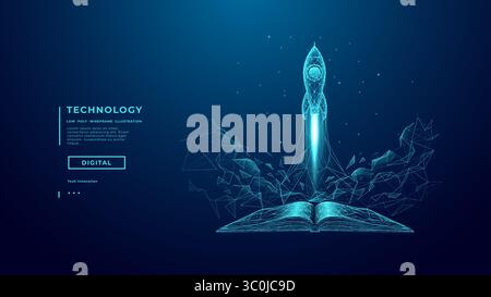 Abstract Futuristic AI Space Ship Launch Over Opened Digital Book Stock Vector