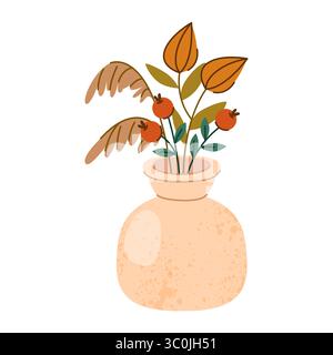 Autumn plants in vase vector icon. Seasonal fall foliage with leaf and berry arrangement. Wood or forest foliage, nature interior element. House table decoration or wildlife indoor ornament. Botany. Stock Vector