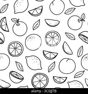 Fruit seamless vector pattern with Lemons, Oranges, Apples and Peaches. Exotic fruits drawing in Doodle style. For packaging paper, textile prints Stock Vector
