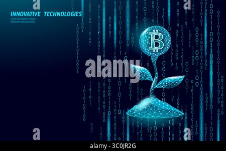 Bitcoin flower growing concept. Cryptocurrency bloom represents digital finance investment. Fintech blockchain technology growth earnings. Low poly Stock Vector
