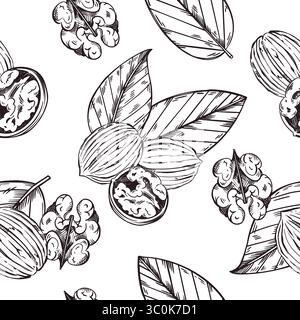 Seamless vector pattern of walnut, walnut leaves, peeled walnut. All objects are hand-drawn with ink. Illustration suitable for printing on wrapping Stock Vector