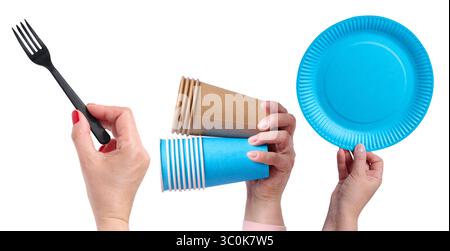 Hands holding disposable cutlery: black plastic fork, brown and blue paper cups, and a blue paper plate. Picnic, party or fast food elements. Stock Photo