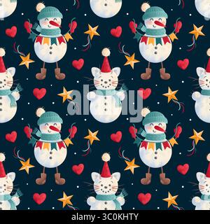 A seamless pattern featuring a snowman with a flag garland and a whimsical snow cat, surrounded by stars. This delightful design captures the charm of Stock Vector