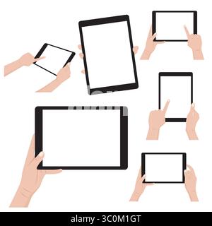 Set of hands holding digital tablet with blank screen. Vector illustration. Stock Vector