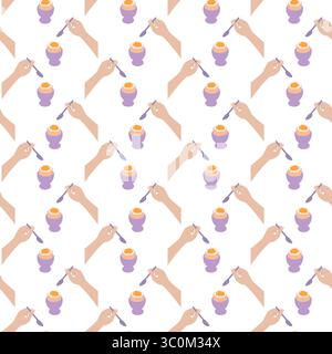 Women Hand with spoon and Soft Boiled Egg Seamless Pattern Healthy Eating or Breakfast Backdrop idea. Isolated Vector illustration Food Poster or Menu Card Background Banner, leaflet, label, price tag Stock Vector