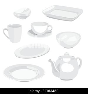 vector illustration of various white ceramic tableware Stock Vector
