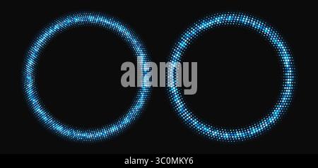 Blue halftone frames, glowing circle borders, round pattern with dots, radial disco luxury design element. Stock Vector