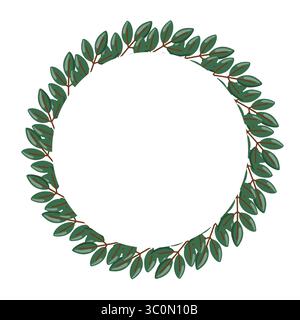 Circle Green leaf frame in cartoon style. Summer and autumn Vector isolated illustration on white background Stock Vector