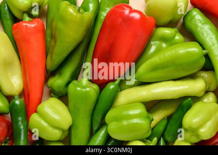 Texture of different fresh peppers, closeup Stock Photo