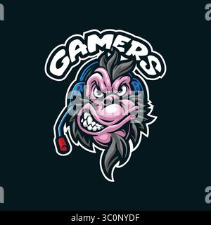 Monkey mascot logo design vector with modern illustration concept style for badge, emblem and t shirt printing. Monkey gamer illustration. Stock Vector