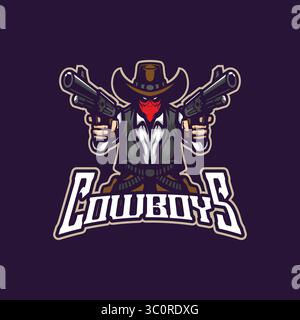 Cowboy mascot logo design with modern illustration concept style for badge, emblem and t shirt printing. Cowboy illustration with guns in hand. Stock Vector