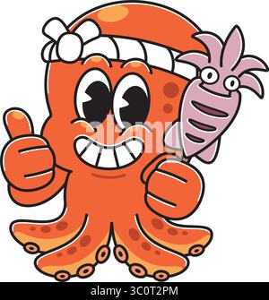Cute Octopus Mascot Holding Grilled Squid Skewer Stock Vector
