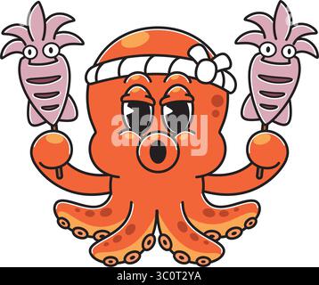 Takoyaki Octopus Mascot Holding Grilled Squid Skewers Stock Vector