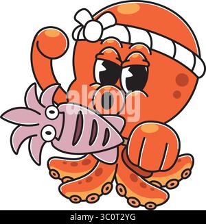 Takoyaki Octopus Mascot Punching with Grilled Squid Stock Vector