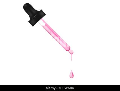 Drop of serum falls from glass pipette on white background. Realistic drop pink serum Stock Photo