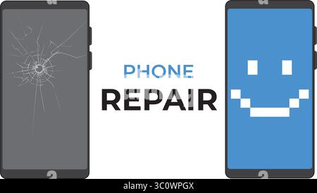 Smartphone Screen Repair: Broken and Fixed Glass Replacement Stock Vector
