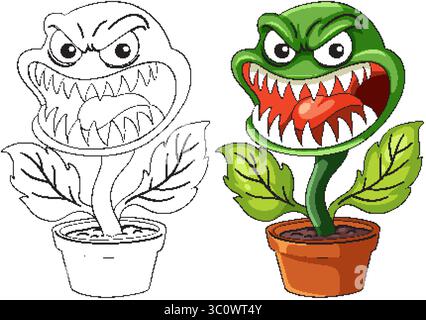 Vector illustration of a fierce, animated carnivorous plant with sharp teeth in a terracotta pot, shown in both color and outline styles Stock Vector