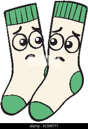 Vector illustration of two socks with sad expressions, featuring bold outlines and a simple color palette Stock Vector