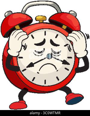 Vector illustration of a sad alarm clock character with expressive face, vibrant colors, and playful design elements Stock Vector